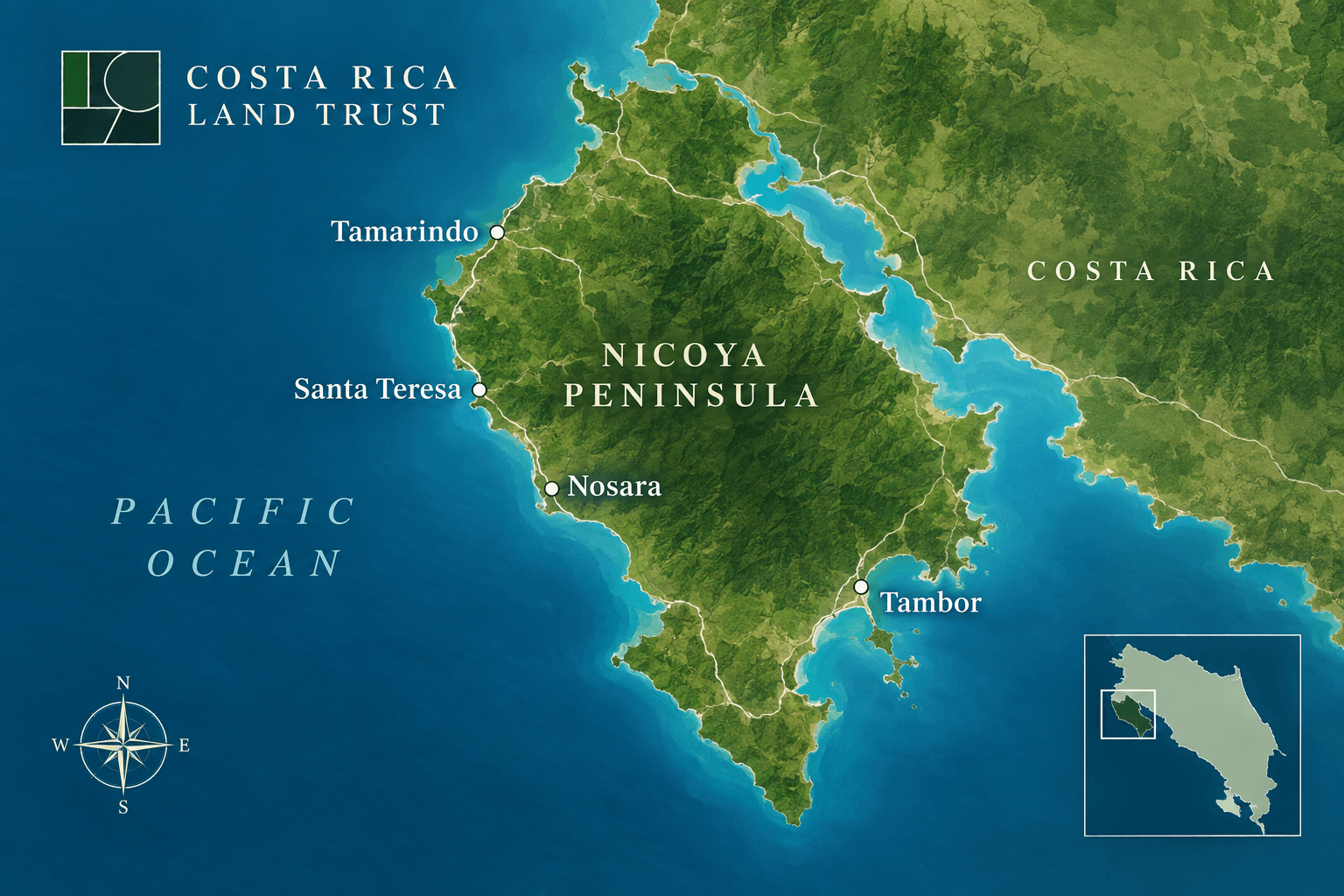 Map of the Nicoya Peninsula showing Nosara, Santa Teresa, Tamarindo and Tambor